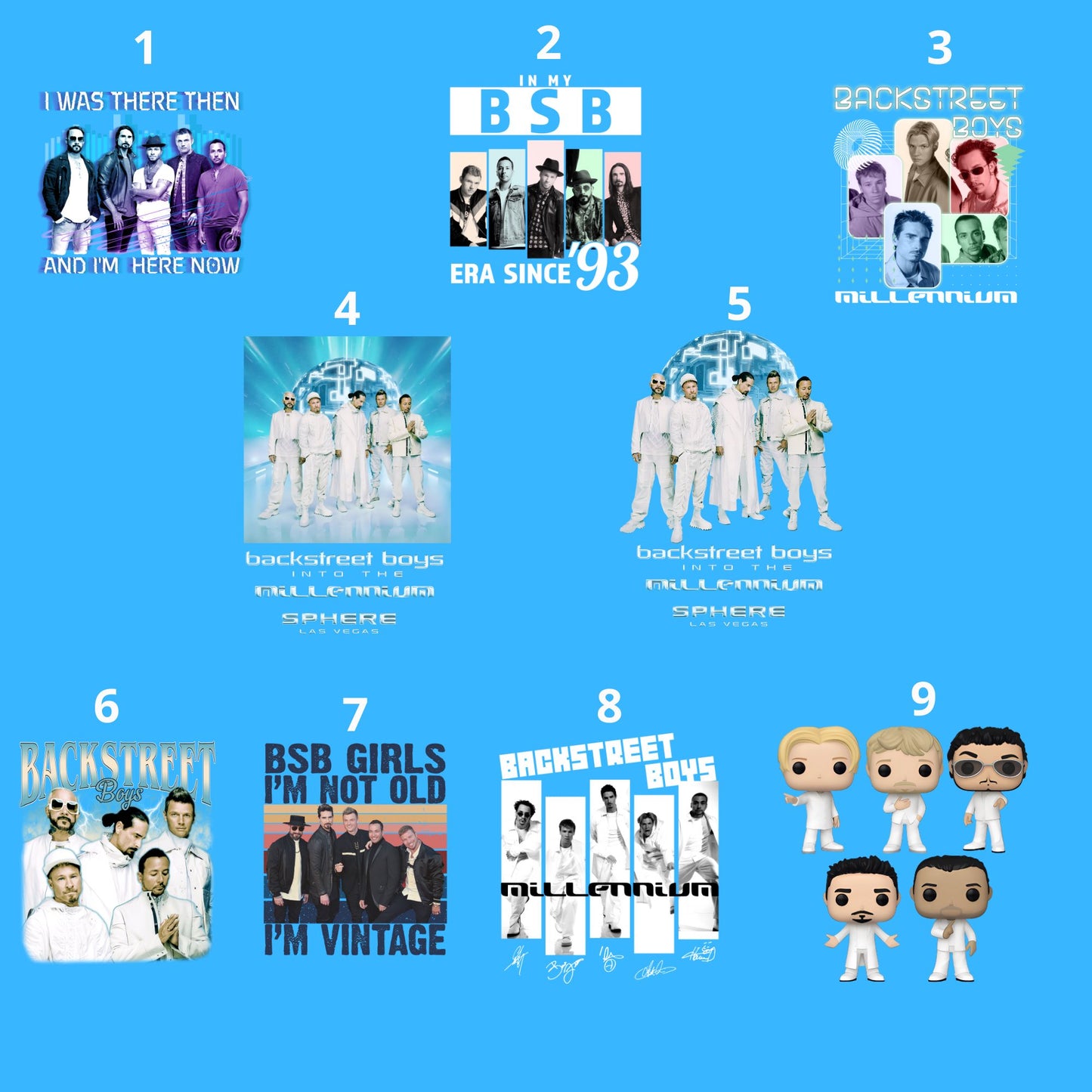 Collection of Backstreet Boys album covers and merchandise on a blue background