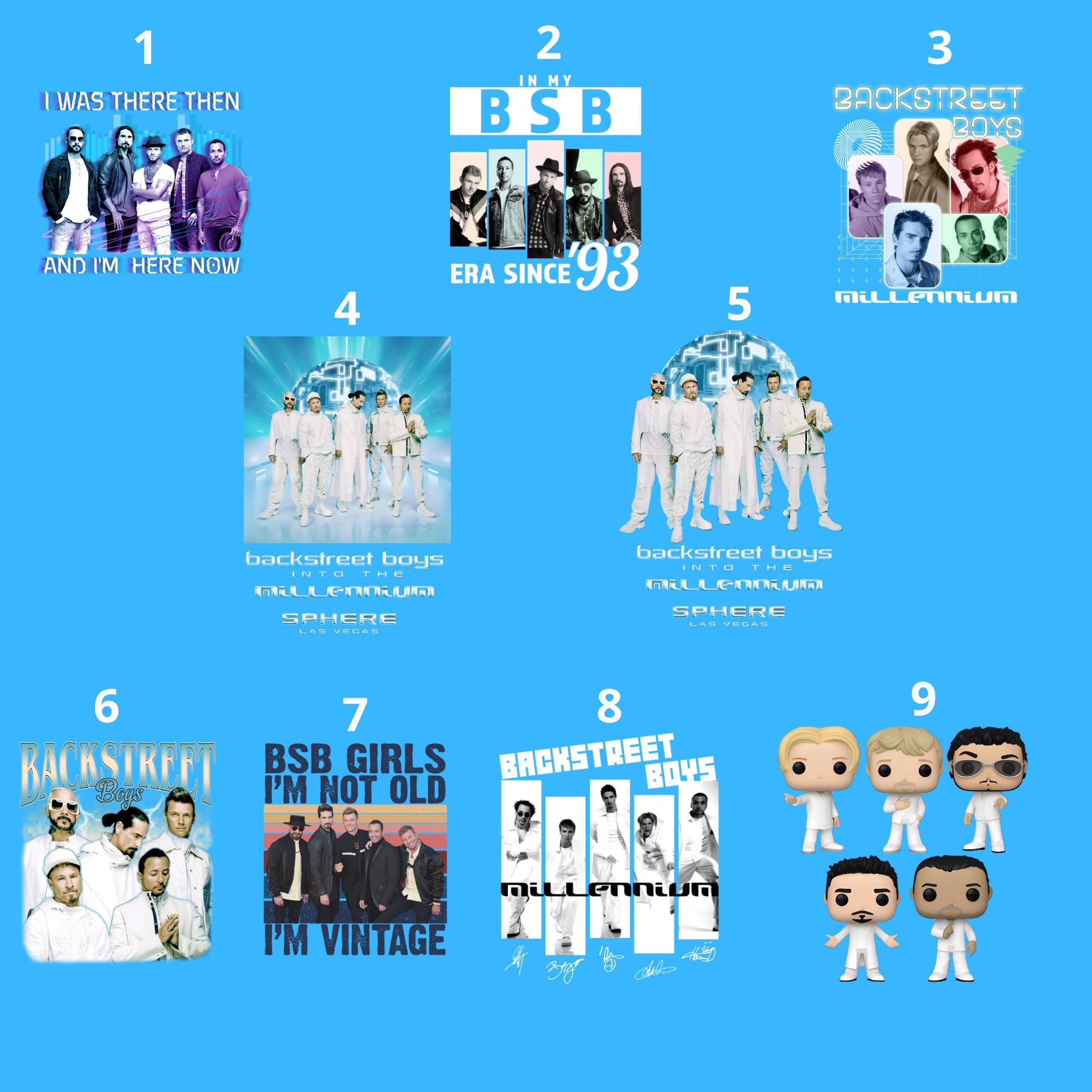 Collection of Backstreet Boys album covers and merchandise on a blue background